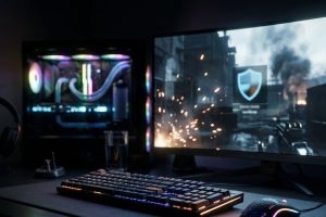 Игровой компьютер с монитором и клавиатурой в вечернем освещении