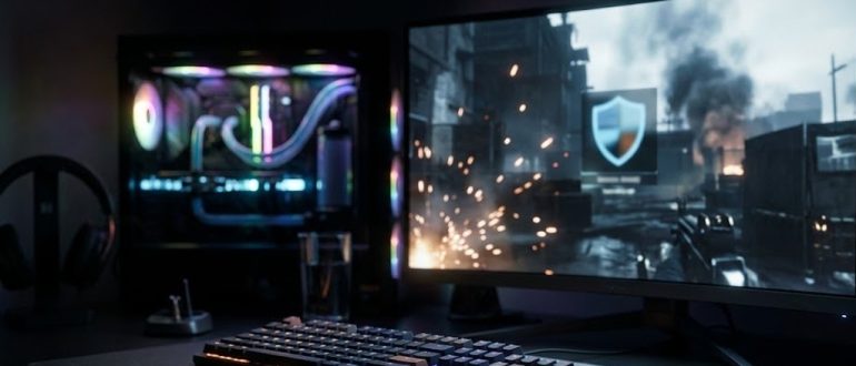 Игровой компьютер с монитором и клавиатурой в вечернем освещении