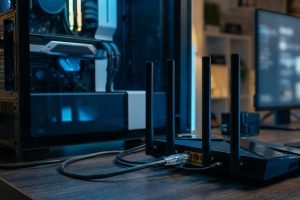 Игровой компьютер с сетевым кабелем, подключённым к роутеру