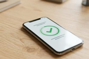 Смартфон с экраном успешного подтверждения на рабочем столе