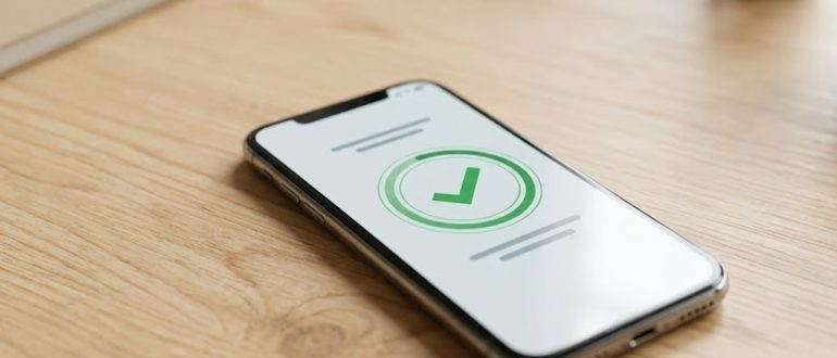 Смартфон с экраном успешного подтверждения на рабочем столе