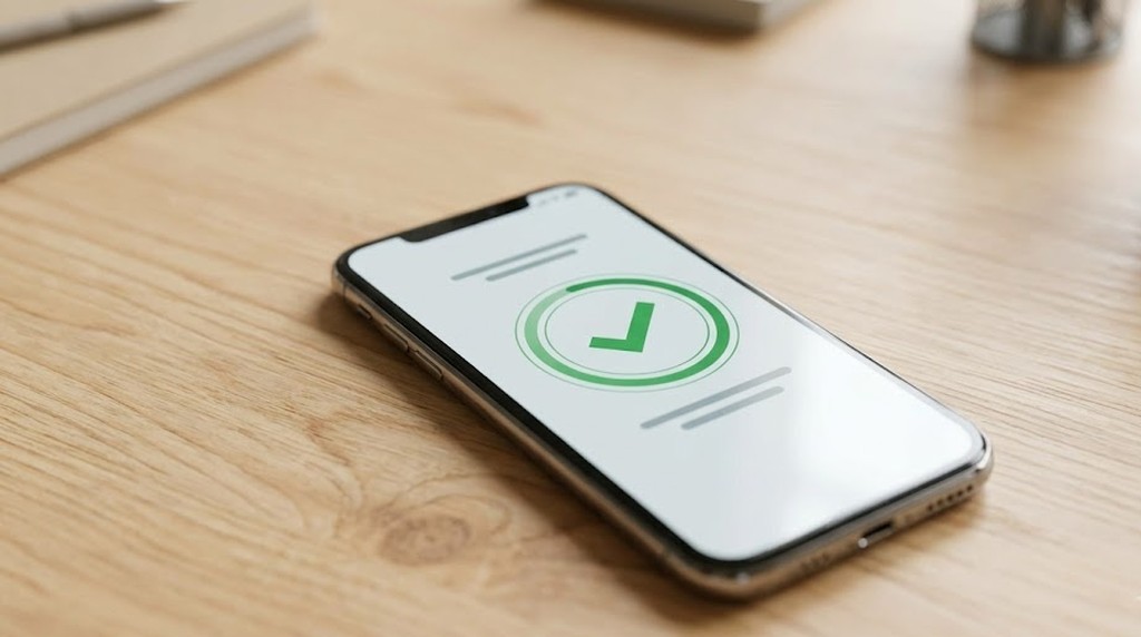 Смартфон с экраном успешного подтверждения на рабочем столе